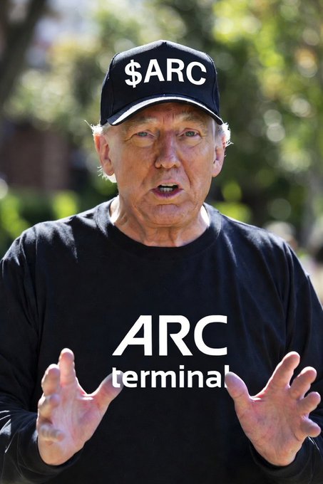 The image features an older man wearing a black shirt with white text that says "ARC Terminal" and has his hands up. The caption of the image reads "Good Morning $ARC fam Happy Sunday, are you touching grass today or grinding @TheARCTERMINAL Most AI platforms still need access to your data to work".