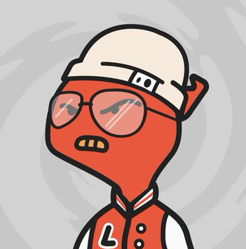 The image features an orange cartoon character wearing glasses and a hat, standing against a gray background. The character appears to be a student or a young person who has purchased some SOL NFTs (NFTs) from @ethereum. The character is also wearing a red jacket with white stripes on the sleeves. The post seems to be promoting a social cause related to education and networking, as indicated by the character's name tag.