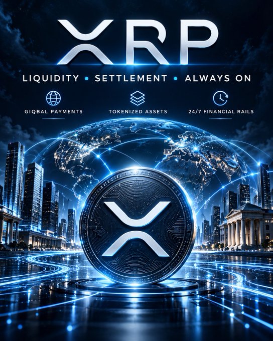 A promotional graphic for XRP featuring a large silver coin with the XRP logo in front of a glowing blue world map and futuristic city skyline, displaying text 'LIQUIDITY • SETTLEMENT • ALWAYS ON' and three feature icons labeled 'GLOBAL PAYMENTS', 'TOKENIZED ASSETS', and '24/7 FINANCIAL RAILS'.