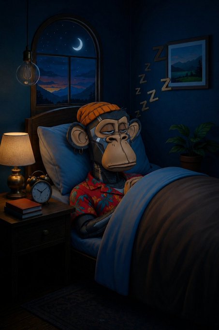 A digital illustration of a Bored Ape NFT character wearing an orange beanie and floral shirt, sleeping in a bed at night with a crescent moon visible through the window and 'Zzz' floating above.