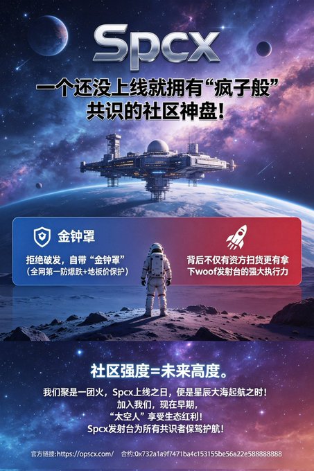 The image is a promotional poster for "SpcX," a cryptocurrency project, featuring a space station and astronaut against a cosmic backdrop, with Chinese text touting it as a "community divine coin" with a built-in "golden shield" mechanism and strong execution by developers behind "two Woof" tokens. The accompanying post celebrates SpcX's launch, calling it the leading "launchpad token" with short-term price targets of $1 and $10, while sharing a meeting ID and contract address (0x732a1a9f7471ba4c153155be56a22e5888888888) for early participation.
