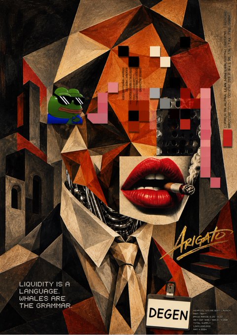 A collage-style digital artwork featuring geometric shapes, Pepe the Frog, red lips with a cigarette, and text reading 'Arigato', 'DEGEN', and 'LIQUIDITY IS A LANGUAGE. WHALES ARE THE GRAMMAR.'