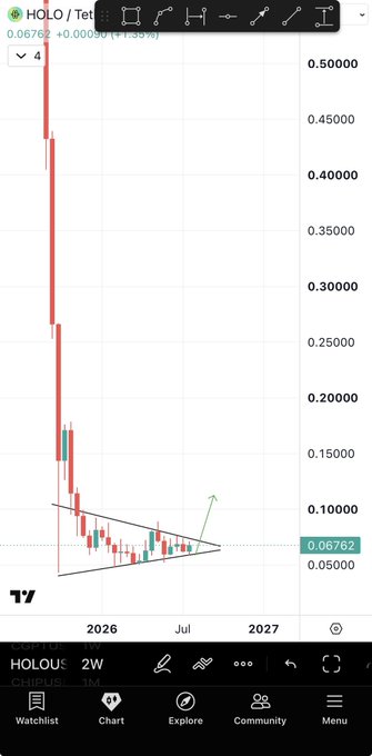 The image displays a 2-week candlestick chart for the ticker "HOLO" on TradingView, showing a sharp price decline from ~$0.50000 down to a consolidating pattern around $0.06762, with a symmetrical triangle formation drawn near the bottom. This visually illustrates the post's point: Person 1 panicked at the steep drop from $0.50 to ~$0.10, while Person 2 took advantage of the dip near the $0.06762 support level (the lower triangle boundary) to dollar-cost average and lower their entry.