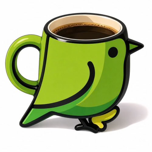 A stylized illustration of a green bird-shaped ceramic mug filled with dark coffee, featuring a smiling face, a small wing, and yellow feet.