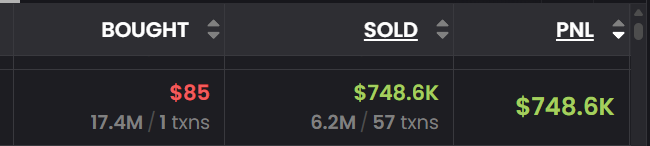 A trading interface displays columns for BOUGHT ($85, 17.4M / 1 txns), SOLD ($748.6K, 6.2M / 57 txns), and PNL ($748.6K) in green and red text on a dark background.
