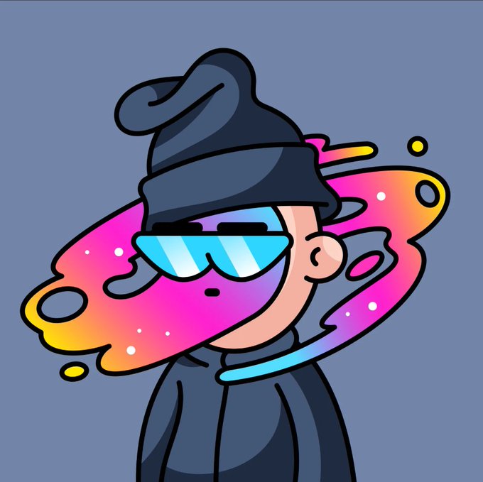 A cartoon character wearing a dark blue beanie and reflective blue sunglasses is surrounded by colorful pink, orange, and yellow splashes.
