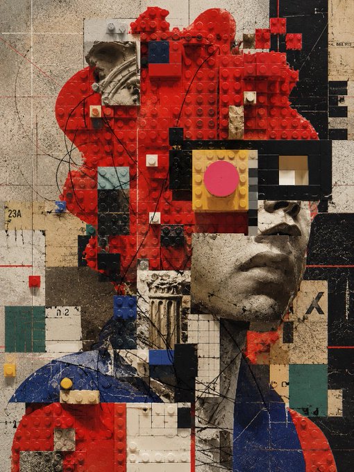 A mosaic-style mixed media portrait of a woman constructed from LEGO bricks, classical sculptural fragments, and architectural elements, featuring a partial black visor over one eye and visible text fragments like "23A" and "X." The layered, pixelated composition aligns with the "PFP (profile picture) Prompt" concept, presenting an abstract, tech-infused identity suitable for social media avatar use.