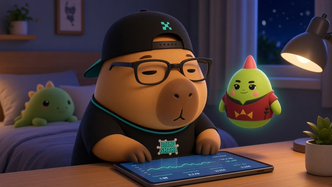 A cute cartoon capybara wearing glasses and a black cap sits at a desk analyzing data on a tablet, accompanied by a small green dinosaur-like character in a red shirt, in a cozy nighttime bedroom setting. The image visually contrasts the playful, sleep-focused dinosaur character with the serious, data-driven "Health" coaching experience being introduced.