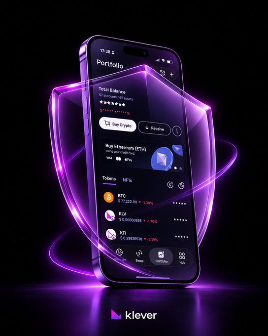 Promotional image for the Klever crypto wallet app showing a smartphone displaying a 'Portfolio' screen with BTC, KLV, and KFI balances, surrounded by a neon purple shield graphic.
