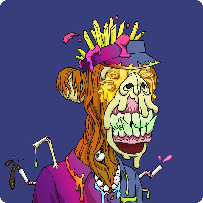 The image features a cartoon monkey with a face painted on its head, wearing a hat and a shirt that has paint splattered all over it. The monkey appears to be smiling, giving off an impression of happiness or amusement. The background color is blue, which contrasts with the colorful elements of the monkey's attire. There are no other objects in the image besides the monkey itself.