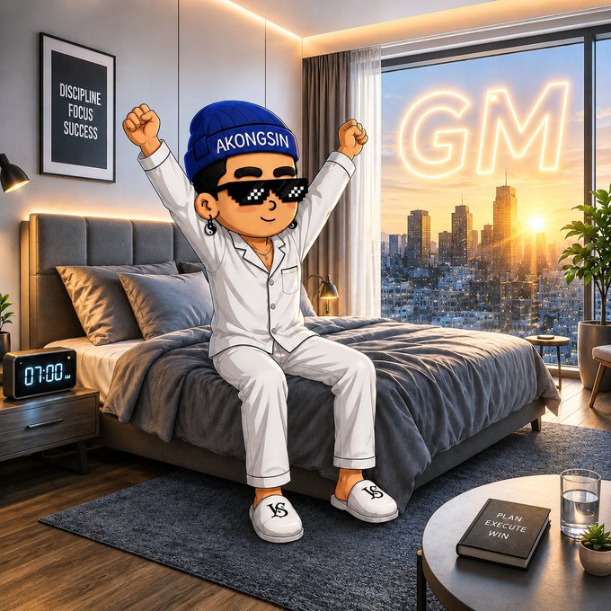 A cartoon-style image of a character in pajamas, sunglasses, and a beanie reading 'AKONGSIN' sitting on a bed celebrating, with a 'DISCIPLINE FOCUS SUCCESS' poster and a 'GM' neon sign visible.
