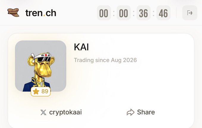 A profile card for "KAI" (username cryptokaai) on tren.ch shows 89 stars and "Trading since Aug 2026," matching the post celebrating 89 references equating to 89 stars and 89 Solana.