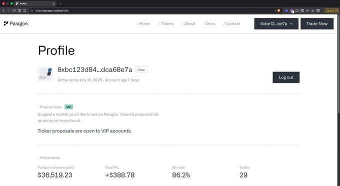 A screenshot of a Paragon profile page showing an account (0xbc123d84...dca68e7a) active since July 31, 2026, with $36,519.23 volume traded and an 86.2% win rate, featuring an "Easter egg" feature where top VIP traders can propose new tickers for Hyperliquid perpetual listings.