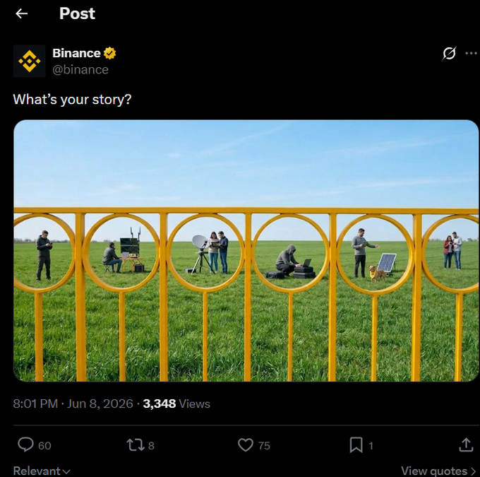 The image features a group of people standing behind a yellow fence, with each person's face being captured within a circle. There are seven circles in total, with varying sizes and positions relative to one another. The largest circle contains three people, while the smallest circle has only two individuals. The post on Twitter is titled "What's your story?" and includes a caption that reads: "This is a Genny trend frontrun! 13M views ... 79K likes".