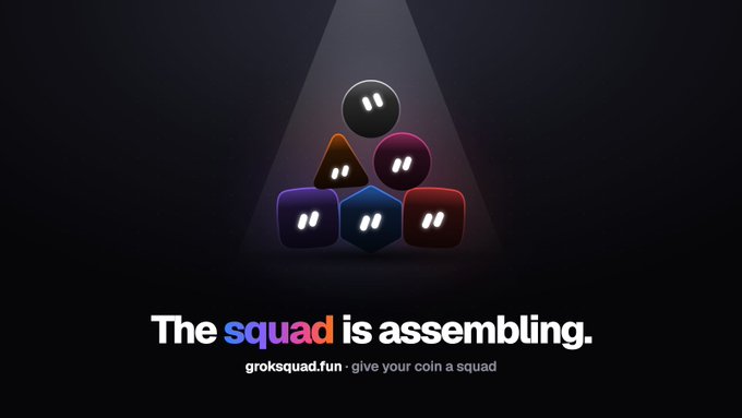 A dark promotional graphic with a spotlight illuminating geometric shapes, reading 'The squad is assembling.' and 'groksquad.fun - give your coin a squad'.