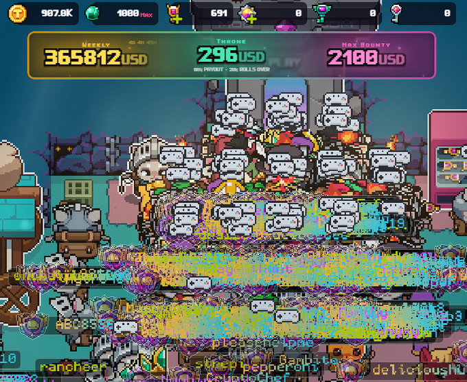 A pixel art game screen showing resources like '907.8K' coins and '1880 Max' gems, with stats including 'WEEKLY 365812 USD', 'THRONE 296 USD', and 'MAX BOUNTY 2100 USD' at the top.