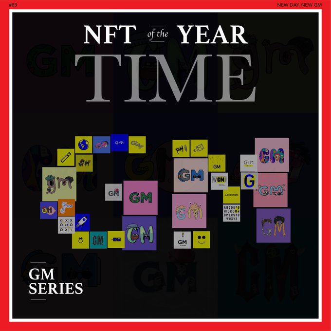 A promotional graphic titled "NFT of the YEAR" featuring a collage of colorful pixel-art style NFT tiles with "GM" branding, labeled as part of the "GM SERIES" with "NEW DAY, NEW GM" text.