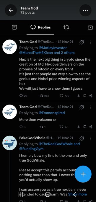 A screenshot of X (formerly Twitter) showing replies to @TheRealGodWhale and @Emmionspired, with accounts like 'Team God' (@TheRealG...) promoting 'Hex' cryptocurrency.