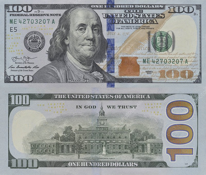 Front and back of a US $100 Federal Reserve Note featuring Benjamin Franklin on the front and Independence Hall on the back, with visible security features and serial number ME 42703207 A.