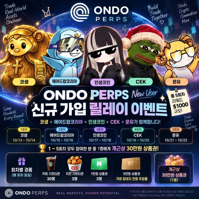 A promotional graphic for 'ONDO PERPS' featuring cartoon characters (a bear, aerith crypto, a girl with pixel sunglasses, CEK, and a monkey) announcing a 'New User' event with dates from 10/13 to 10/22 and various rewards including Starbucks coffee and a 30 million token prize.