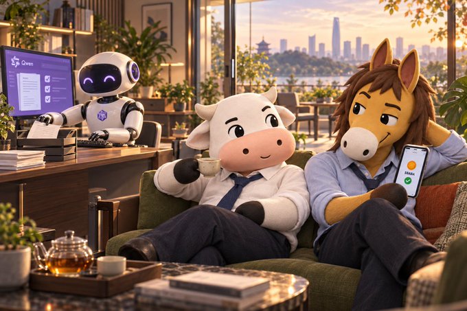 A robot named 'Qwen' works at a desk while a cow and a horse character relax on a couch, with the horse holding a phone displaying 'SEAL' with a green checkmark.