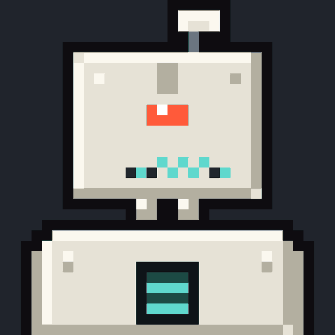 A pixel art style image of a white robotic character with a square head, a red rectangular feature resembling a mouth, and cyan wavy lines below it, set against a dark background.