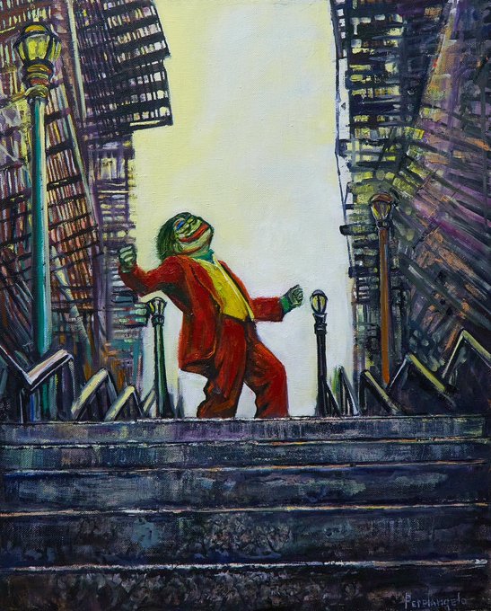 An expressionist painting depicts the Joker in a red suit dancing on a set of stairs in a stylized city street, signed 'Petelinh0' in the corner.