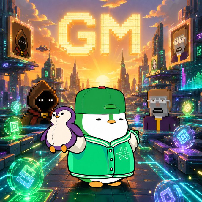 A digital illustration featuring a penguin-like character in a green cap and jacket holding a smaller purple penguin, set against a vibrant cyberpunk cityscape with pixelated 'GM' lettering and other Minecraft-style characters.