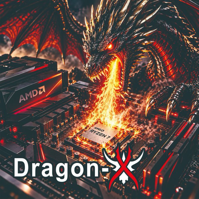 A fierce red dragon breathes fire onto an AMD Ryzen 7 CPU, surrounded by AMD-branded hardware with bold "Dragon-X" text displayed at the bottom. The fiery imagery symbolizes DragonX as a privacy-focused, CPU-mineable blockchain, with the dragon's "breath" representing the mining power that ordinary processors can harness.