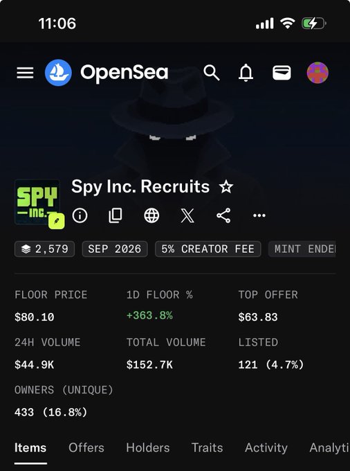An OpenSea NFT collection page for "Spy Inc. Recruits" showing 2,579 items, September 2026 mint, 5% creator fee, with floor price of $80.10 and a +363.8% 1D floor percentage increase.
