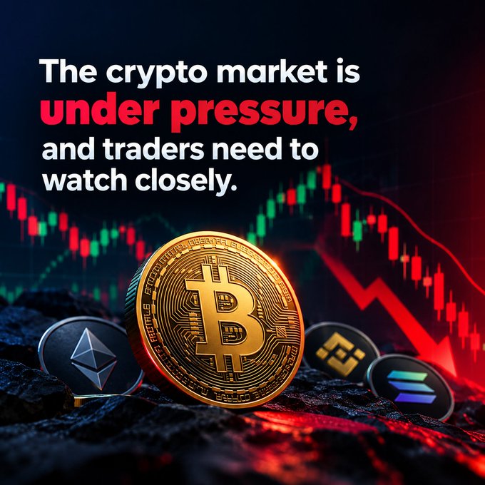 A crypto market graphic warns 'The crypto market is under pressure, and traders need to watch closely,' featuring a Bitcoin coin and candlestick charts trending downward.