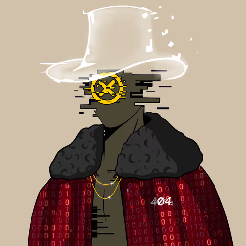 Digital art portrait of a figure wearing a top hat and red jacket, with a golden 'X' medallion and glitch effects, labeled '404' on the jacket.