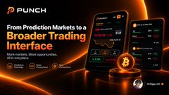 An advertisement for 'PUNCH' with the tagline 'From Prediction Markets to a Broader Trading Interface,' showing a mobile app interface with a Bitcoin logo.