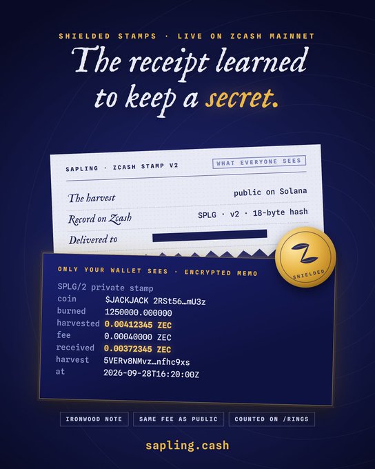 A promotional graphic for Sapling.cash featuring shielded stamps on the Zcash mainnet, displaying a receipt showing 'public on Solana' alongside an encrypted memo section with private stamp details like 'SPLG/2 private stamp' and transaction hashes, promoting 'sapling.cash'.