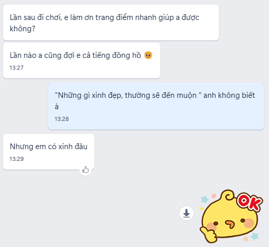 A screenshot of a chat conversation in Vietnamese with timestamps (13:27-13:29) and a cute yellow chick sticker saying 'OK' in the corner.
