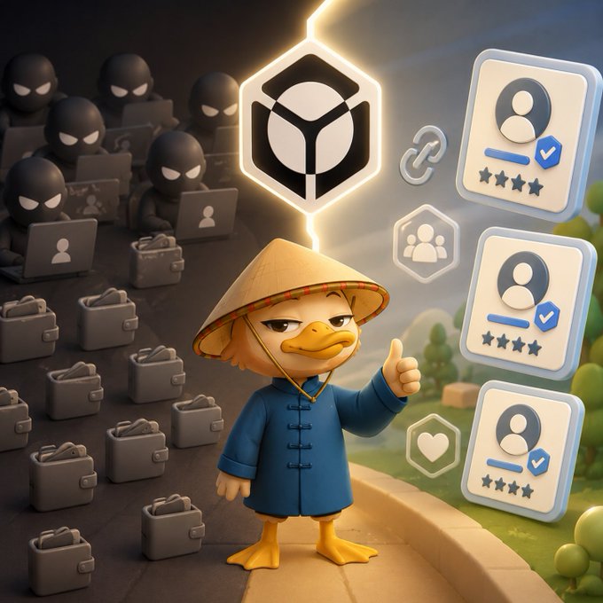 A cartoon duck wearing a conical hat and blue tunic gives a thumbs-up, standing between shadowy hacker figures with briefcases on the left and verified user profile icons on the right.