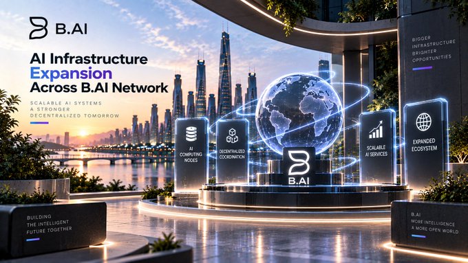A digital billboard displays 'B.AI' and 'AI Infrastructure Expansion Across B.AI Network', highlighting features like 'SCALABLE AI SYSTEMS' and 'DECENTRALIZED COORDINATION'.