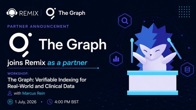 A banner displays information about a partner event, "The Graph," that will be held at an AI Bootcamp. A cartoon owl with a drum set is seen playing for a large audience of data scientists who are excited to learn about verifiable indexing techniques in real-world scenarios and clinical data analysis.