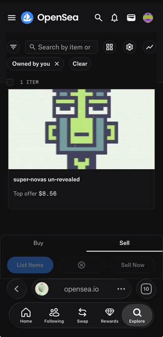 A mobile screenshot of OpenSea showing a single NFT listing titled 'super-novas un-revealed' with a top offer of $8.56 and a pixelated green face artwork.