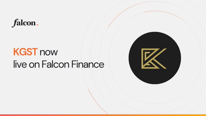 A promotional graphic with text 'KGST now live on Falcon Finance' alongside the falcon. logo and a stylized golden 'K' emblem on a dark circular background.