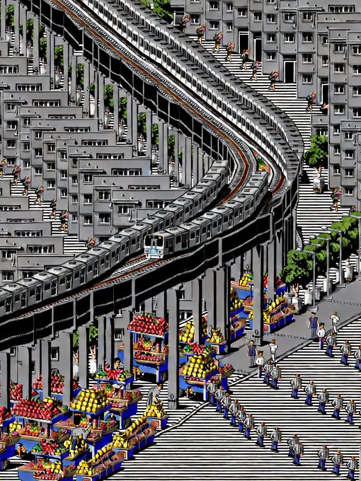 A detailed isometric illustration depicting an elaborate urban scene with elevated trains, apartment buildings, stairs, food markets, and numerous small figures going about daily activities.
