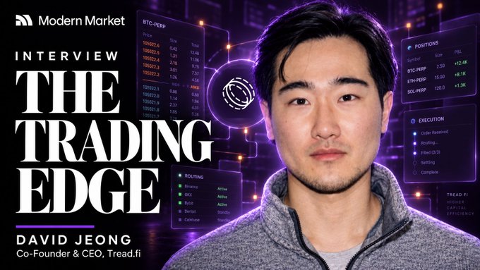 Interview promotional image titled "THE TRADING EDGE" featuring David Jeong, Co-Founder & CEO of Tread.fi, against a dark background with cryptocurrency trading interface panels.