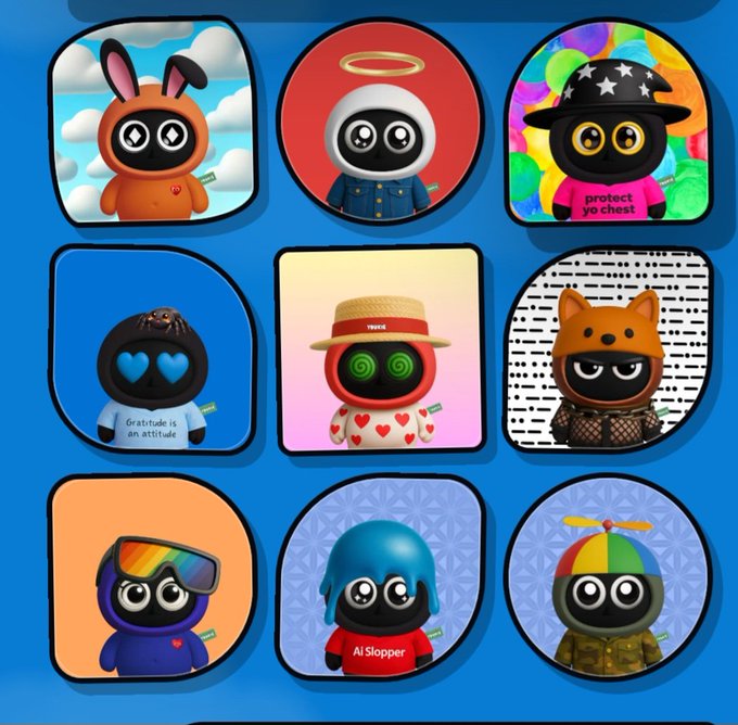 A 3x3 grid of stylized app icons featuring cute cartoon mascot characters in various costumes, including one labeled 'AI Slopper' and others with outfits like a straw hat and goggles.