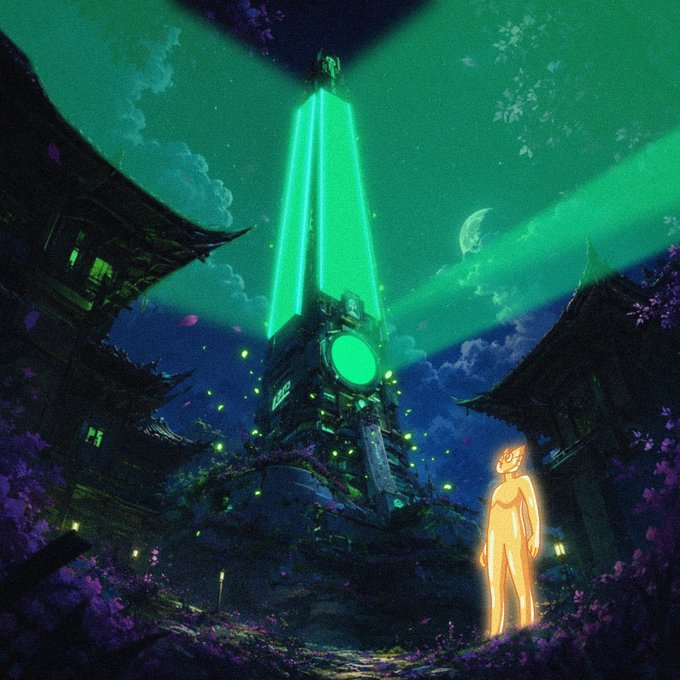 An anime-style illustration showing a glowing golden figure standing in a purple flower field, looking up at a massive ancient tower emitting brilliant green beams of light into the night sky.