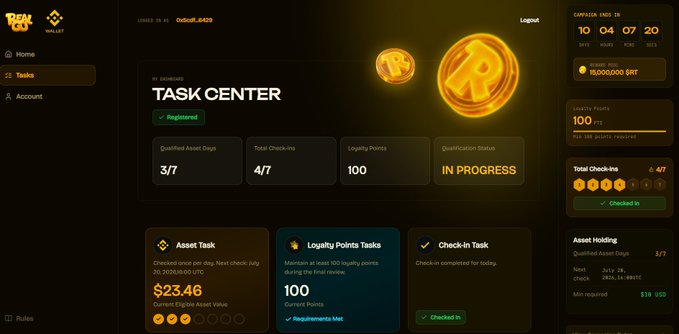 A 'TASK CENTER' interface for what appears to be a Pi Network wallet, showing registered status, $23.46 asset value, 100 loyalty points, and check-in tasks.