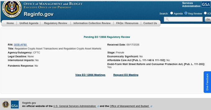 A screenshot from Reginfo.gov showing a "Pending EO 12866 Regulatory Review" entry for RIN 3038-AF90, with the CFTC identified as the subagency and the title "Regulation Crypto Asset Transactions and Regulation Crypto Asset Markets." The page was received on 09/17/2026, supporting the news that the CFTC has submitted new draft crypto market rules to the White House for review.