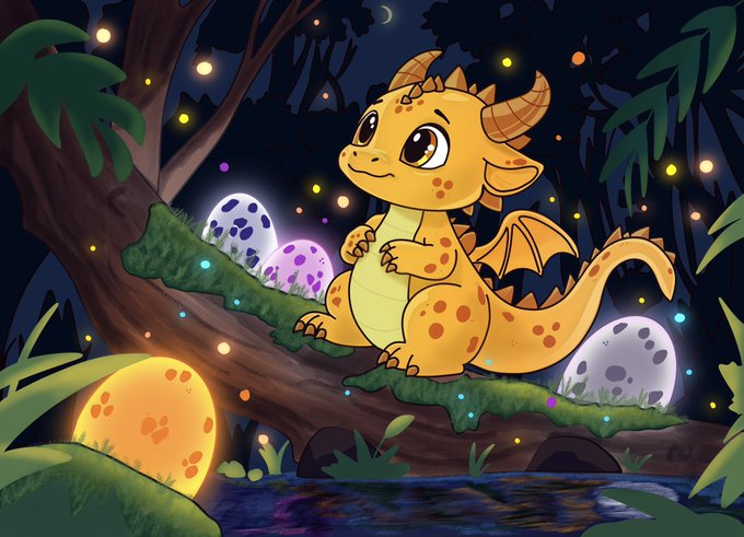 A digital illustration of a cute yellow baby dragon with orange horns and wings sitting on a tree branch at night, surrounded by glowing speckled eggs and fireflies.
