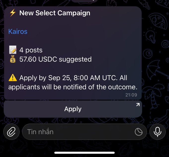 A Telegram bot message announcing a 'New Select Campaign' named Kairos, offering 57.60 USDC for 4 posts, requiring application by Sep 25, 8:00 AM UTC.