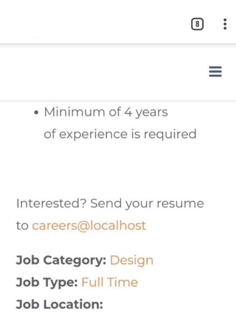 A job listing screenshot requires a 'Minimum of 4 years of experience' and asks candidates to send resumes to 'careers@localhost' for a 'Design' position that is 'Full Time'.