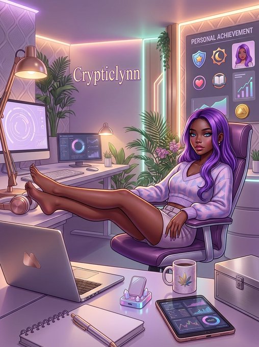 An anime-style digital illustration titled 'Crypticlynn' showing a purple-haired woman relaxing barefoot with her feet on a desk in a neon-lit room filled with plants, computer equipment, and a personal achievements board.